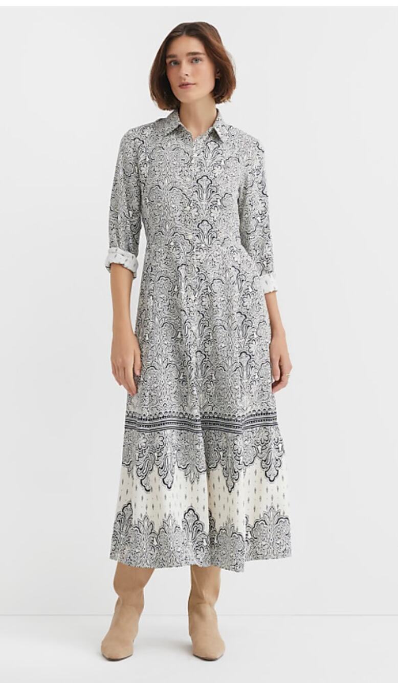 LOFT Paisley Print Midi Shirt Dress Button Front Navy Blue Cream Size 0